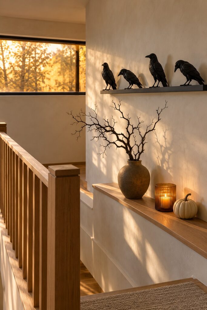 Matte black ravens sit on a narrow shelf above bare branches amber glass and an ivory pumpkin