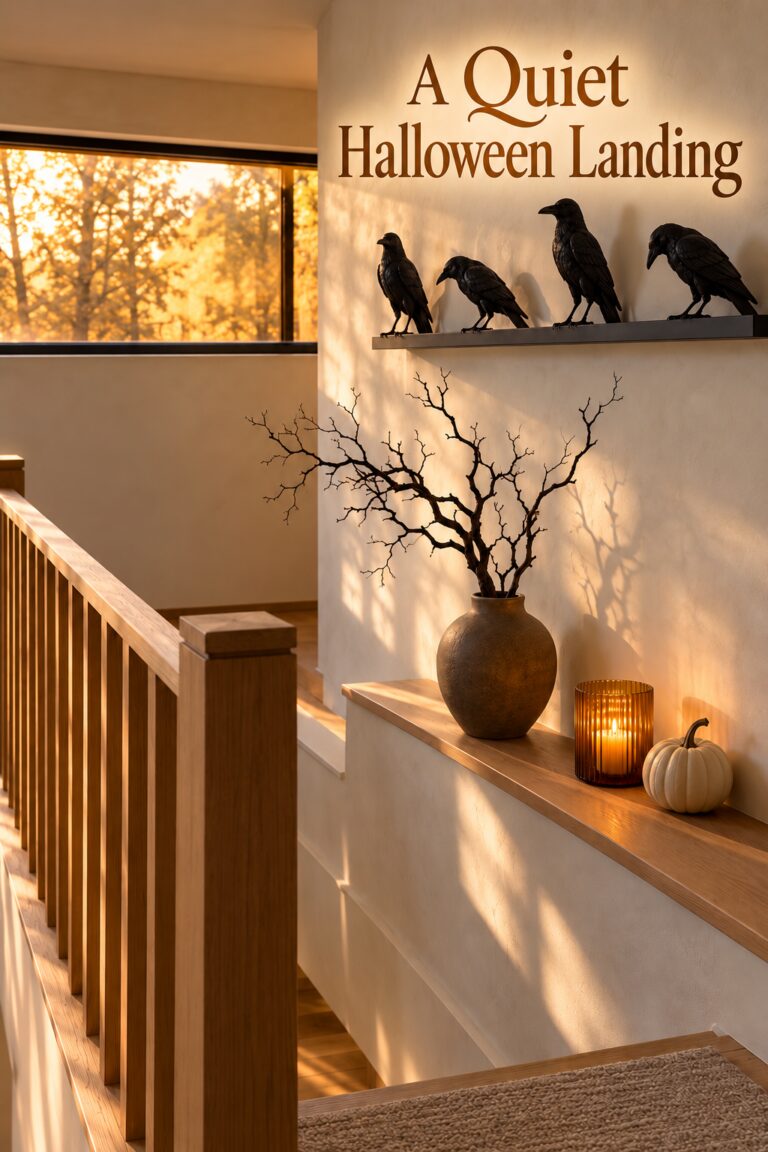 Halloween landing with four raven silhouettes and the words A Quiet Halloween Landing