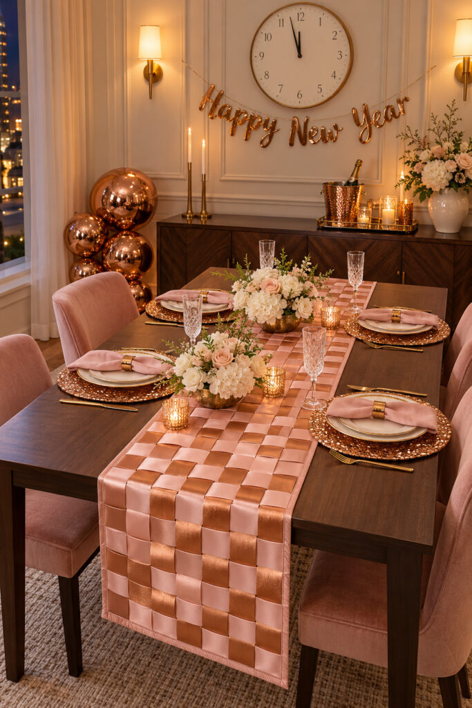 Blush and copper ribbon lattice runner on a dark New Year table with sequined place mats pale flowers and crystal glasses