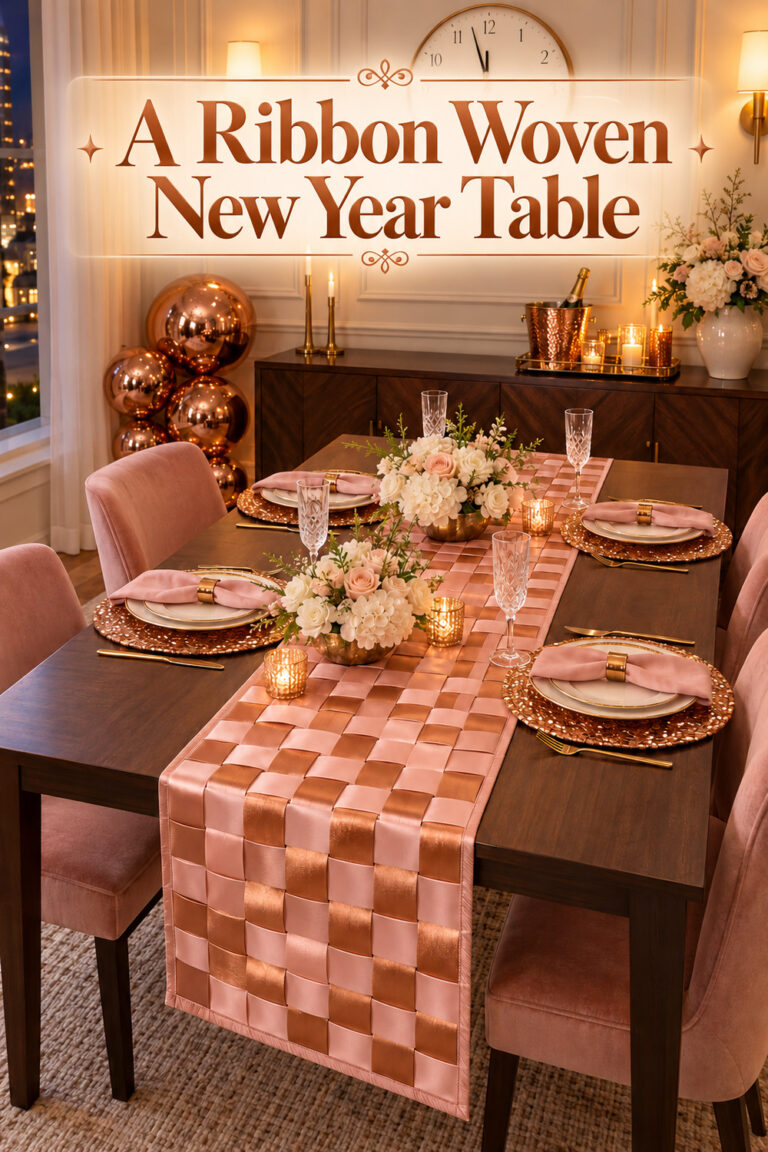 A Ribbon Woven New Year Table headline above a blush and copper runner with gold place settings and low flowers