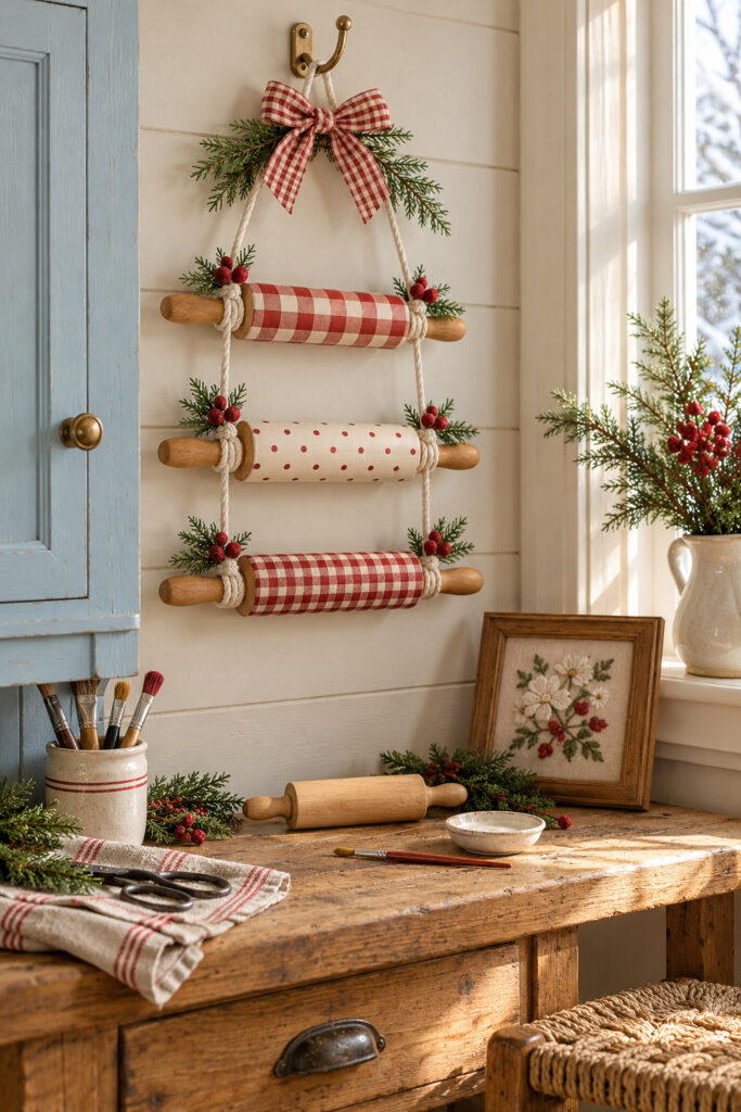 Three painted miniature rolling pins suspended with cotton cord and cedar from a farmhouse cupboard hook