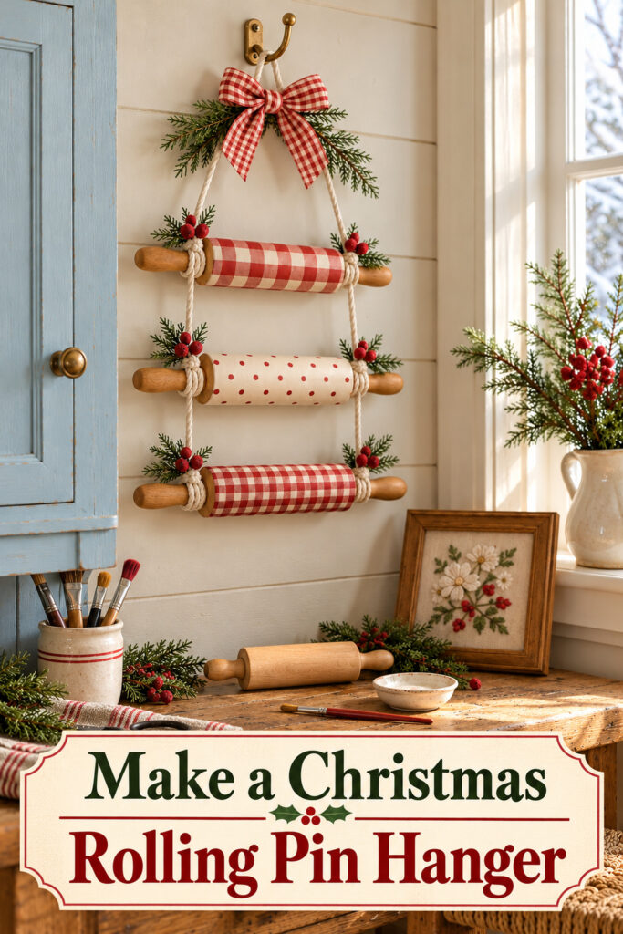 Three painted miniature rolling pins suspended with cotton cord and cedar from a farmhouse cupboard hook with the words Make a Christmas Rolling Pin Hanger
