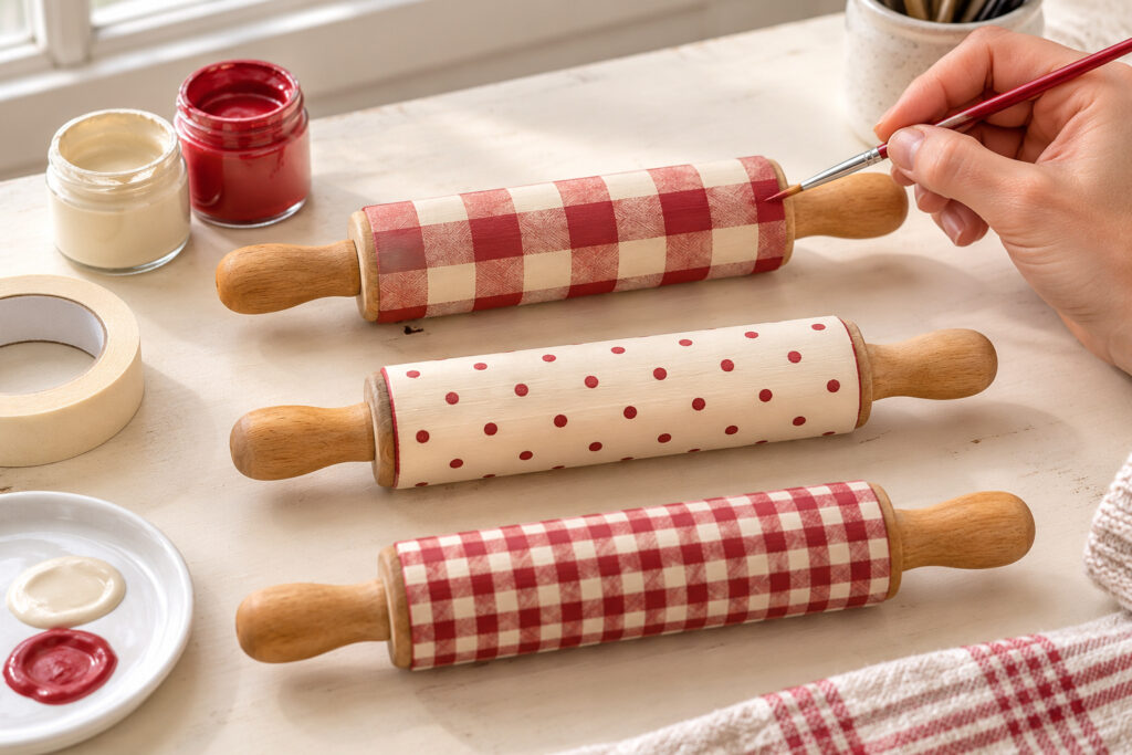 A brush touches up a red check on one of three painted miniature rolling pins with bare wooden handles