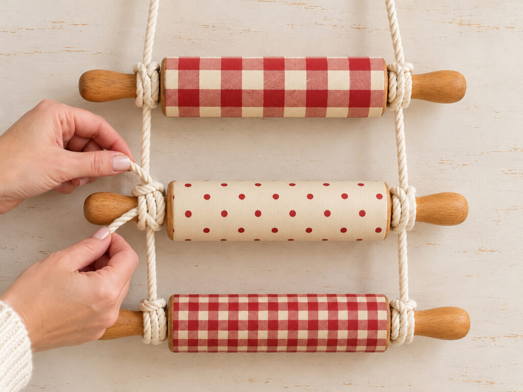Hands tighten cotton cord at the handle neck of a dotted rolling pin between two checked rolling pins