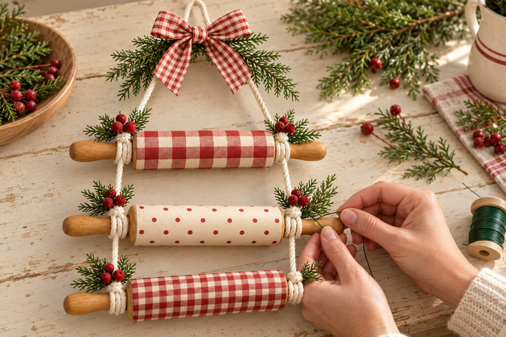 Hands secure a cedar and red berry cluster with floral wire beside a cotton cord knot on a rolling pin hanger