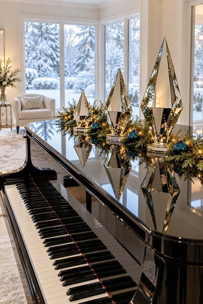 Three pointed mirror ornaments with cedar teal baubles and small lights on a closed black grand piano