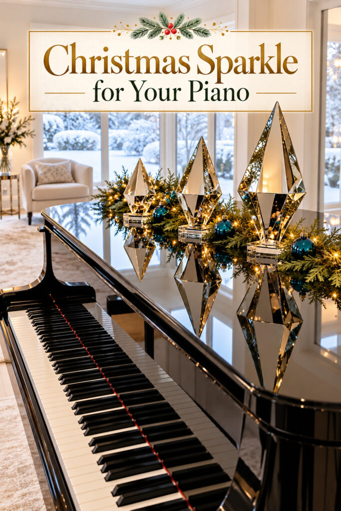 Mirrored diamond ornaments on a black piano with the words Christmas Sparkle for Your Piano