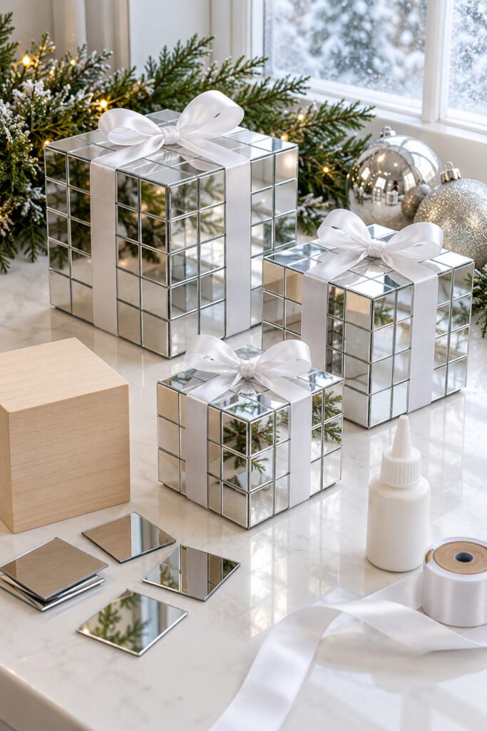 Three mirror tiled decorative Christmas cubes with white satin bows beside wood and craft supplies