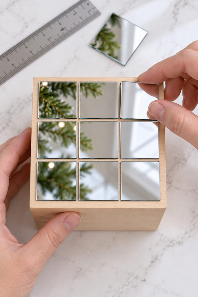 Nine square acrylic mirror tiles dry fitted in a three by three grid on one wooden cube face