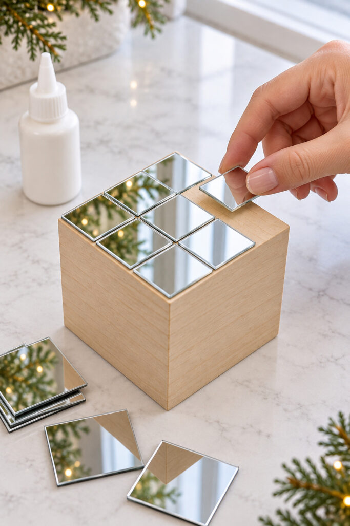 A hand positions an acrylic mirror tile into a partly attached grid on a wooden cube