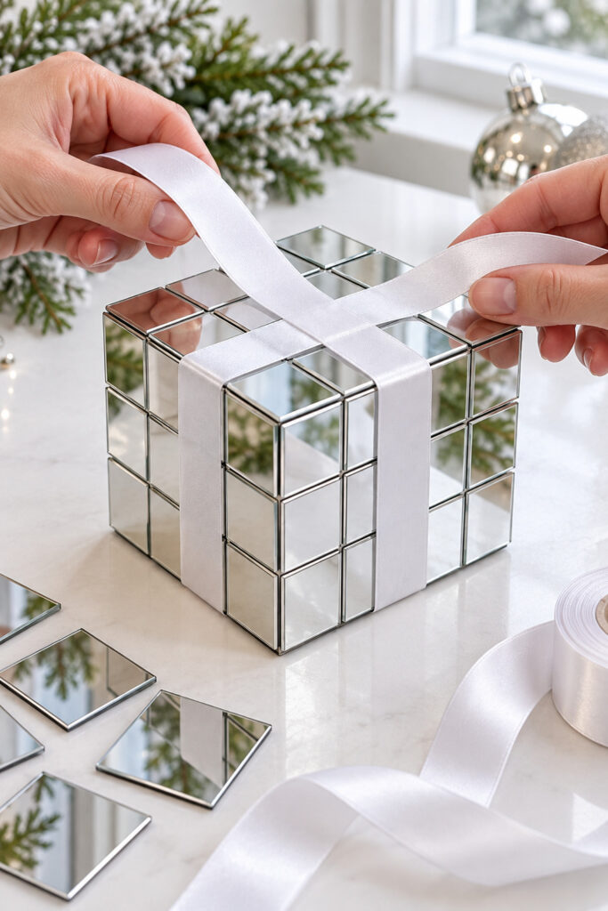 Two white satin ribbon bands cross at right angles over a mirror tiled wooden cube
