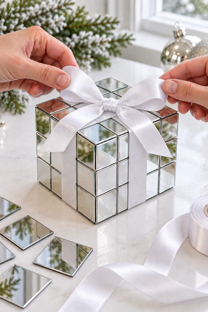Hands shape a white satin bow above the crossed ribbon on a mirror tiled cube