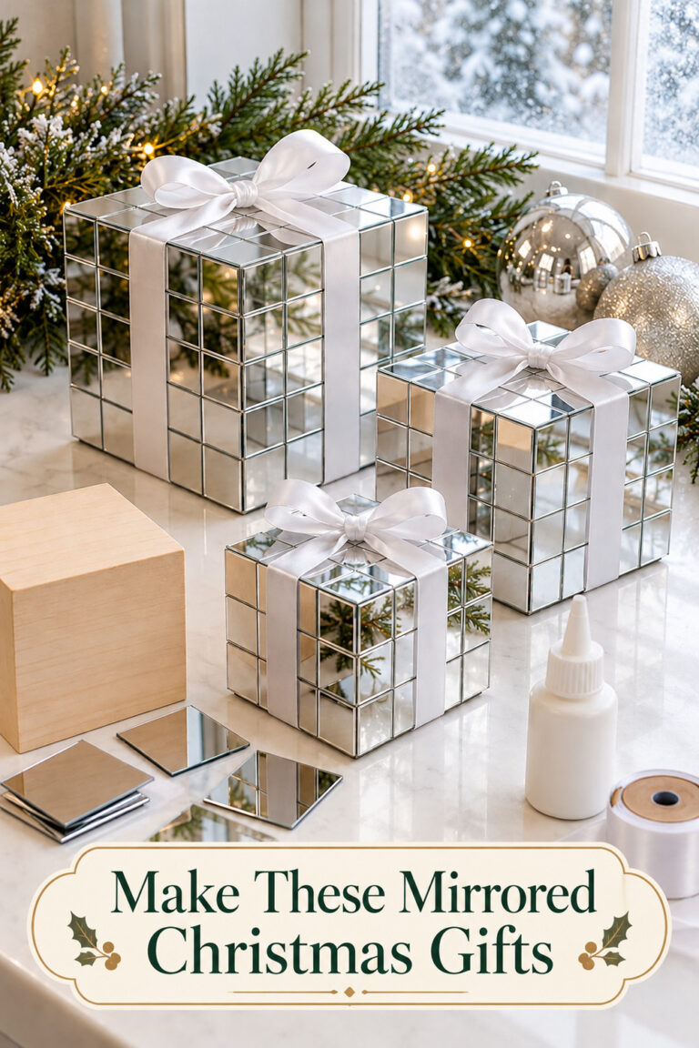 Mirrored cubes tied with white bows and the words Make These Mirrored Christmas Gifts