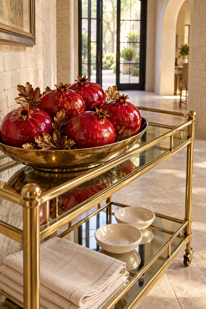 Glossy ruby pomegranate decorations and bronze leaves in a shallow metallic bowl on a mirrored trolley
