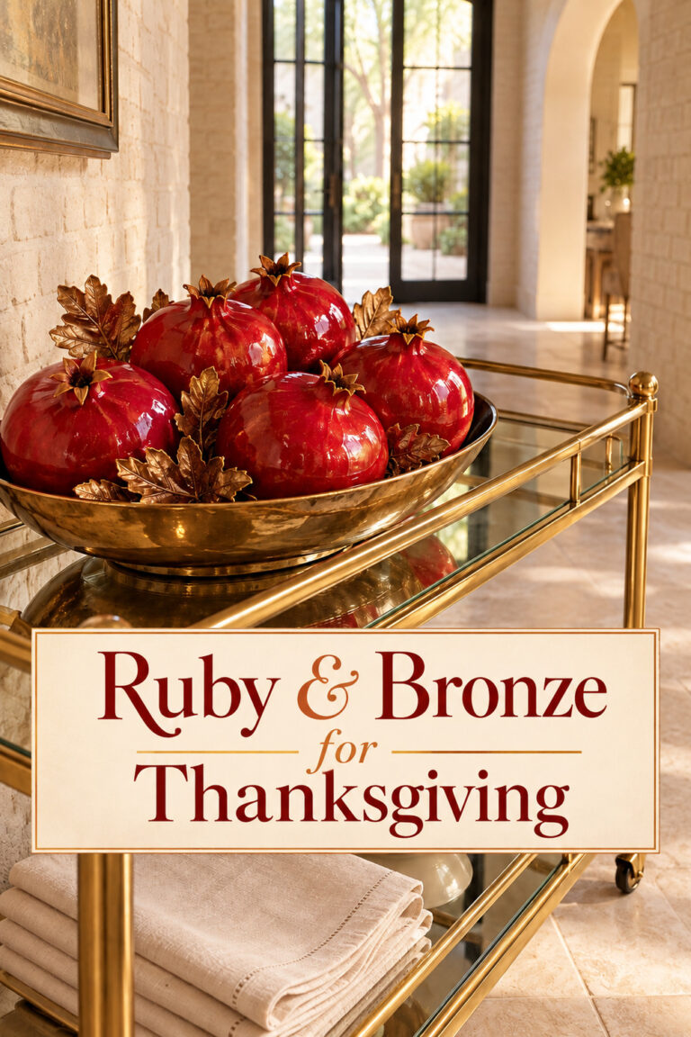 Ruby pomegranates on a mirrored harvest trolley with the words Ruby and Bronze for Thanksgiving