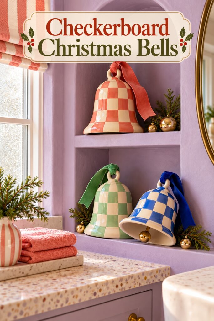 Pastel bathroom bell display below the words Checkerboard Christmas Bells with coral towels beside the basin