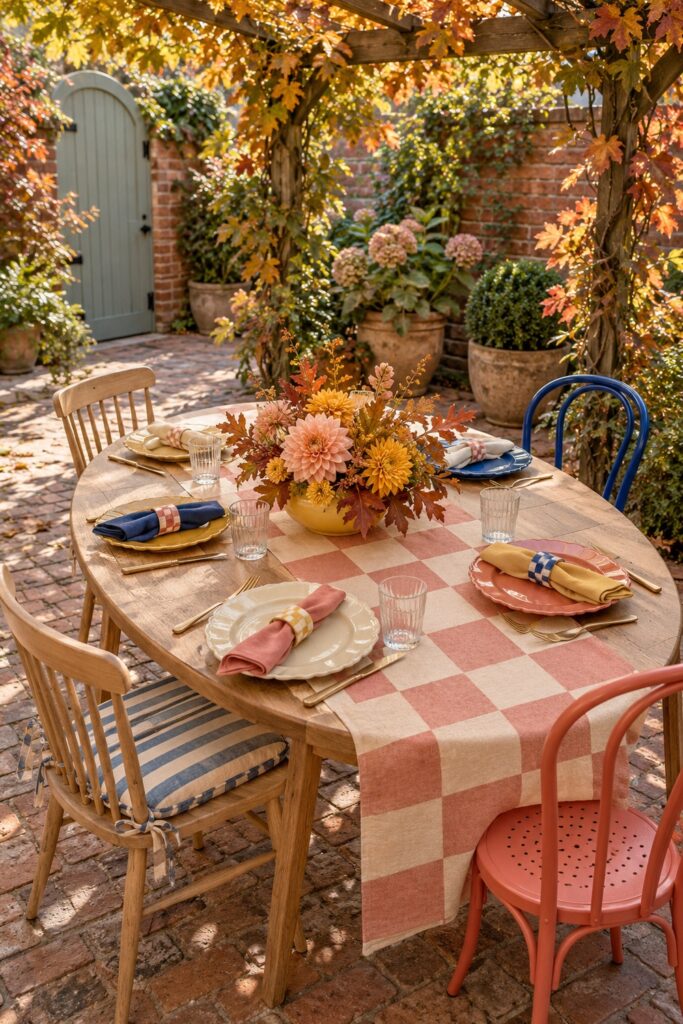 An oval wood table under an autumn pergola holds a pink checked runner mixed scalloped plates and a low flower arrangement