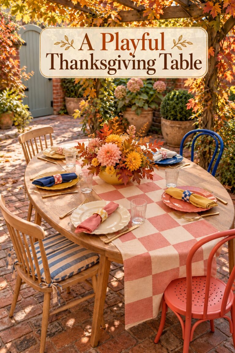Garden table with colorful Thanksgiving place settings beneath the words A Playful Thanksgiving Table