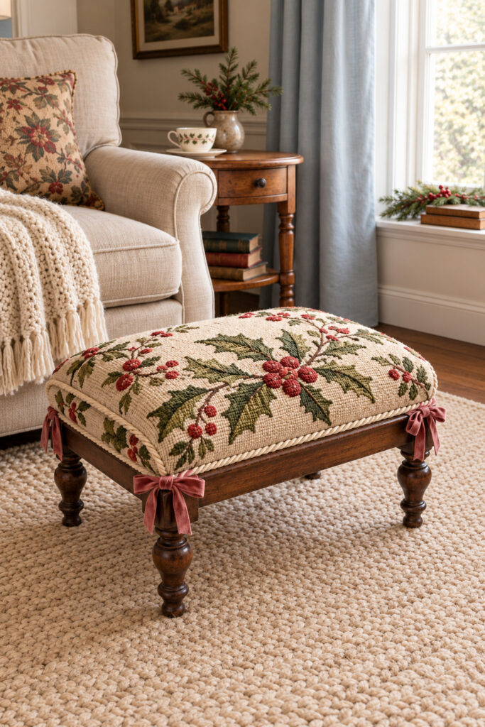 Cream needlepoint footstool with green holly red berries rose bows and dark turned legs beside an oatmeal armchair