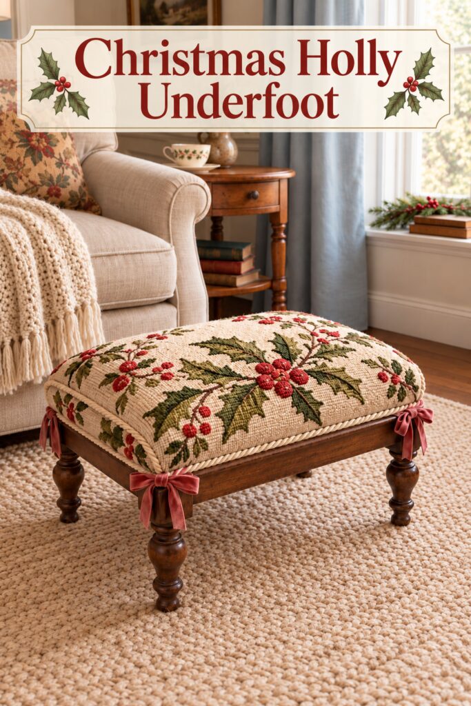 Christmas holly underfoot headline above a patterned cream footstool with velvet bows and wooden legs
