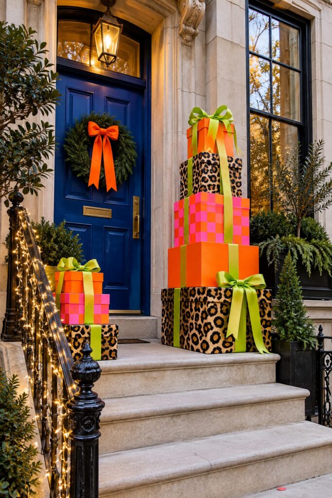 Leopard orange and pink checkerboard Christmas gift boxes with lime bows stand beside a blue front door and evergreen wreath