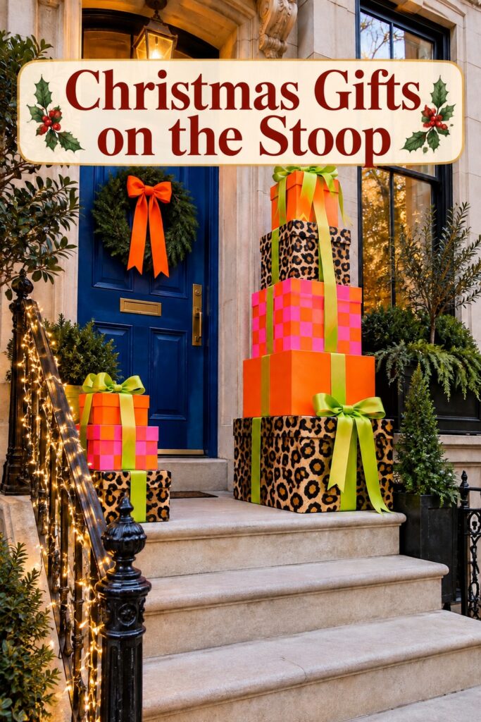 Patterned gift towers at a blue doorway below the words Christmas Gifts on the Stoop