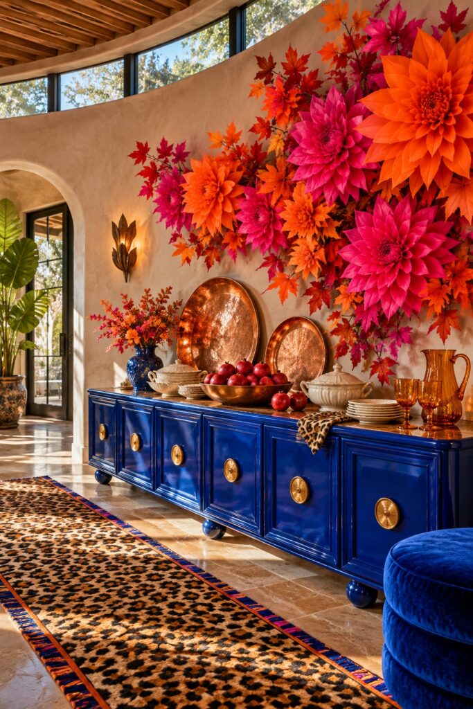 Oversized orange and pink flowers fill the wall above a blue Thanksgiving hutch with copper platters and pale dishes