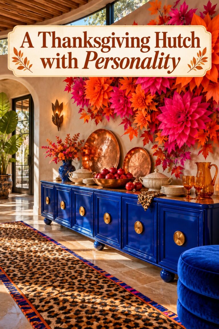 Blue serving hutch below orange and pink flowers with the words A Thanksgiving Hutch with Personality