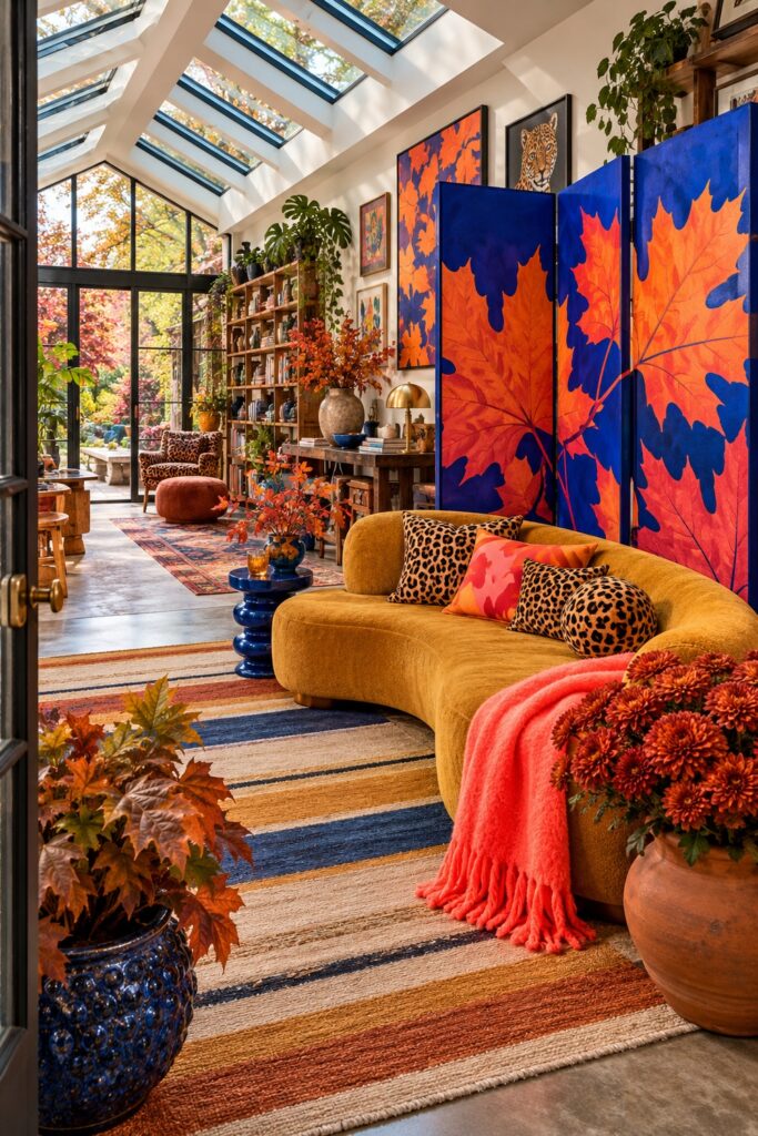 A blue folding screen with giant orange leaves stands behind an ochre bench with leopard cushions and a coral throw
