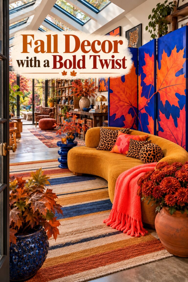 Orange leaf screen and leopard cushions in a fall studio with the words Fall Decor with a Bold Twist