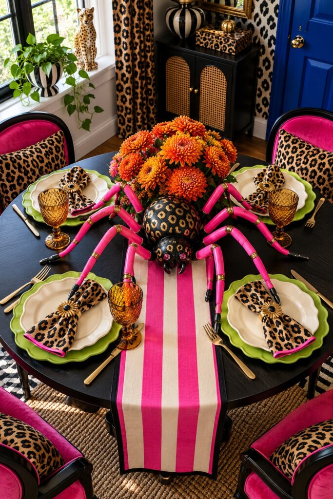A spotted spider with pink legs sits on a striped Halloween table runner among lime chargers leopard napkins and amber glasses
