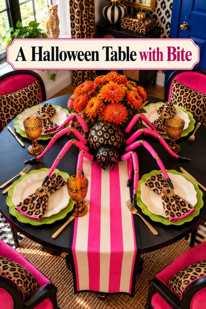 Pink legged spider centerpiece and leopard place settings beneath the words A Halloween Table with Bite