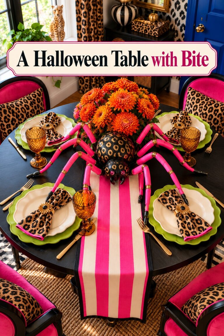 Pink legged spider centerpiece and leopard place settings beneath the words A Halloween Table with Bite
