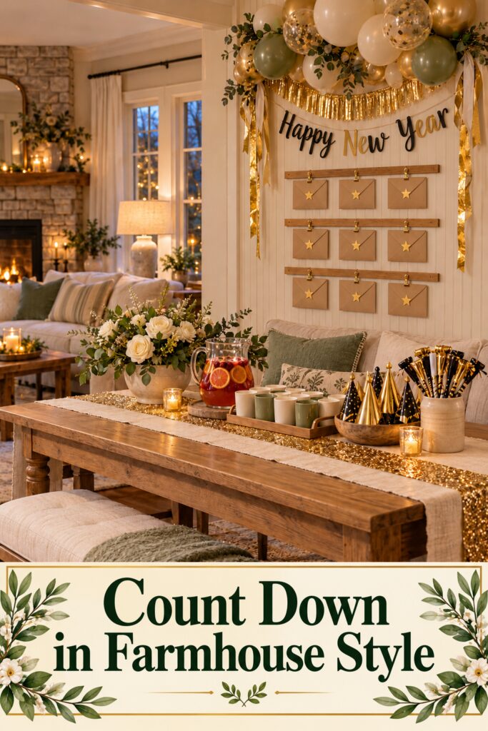 Farmhouse New Years Eve activity display with a lower panel reading Count Down in Farmhouse Style
