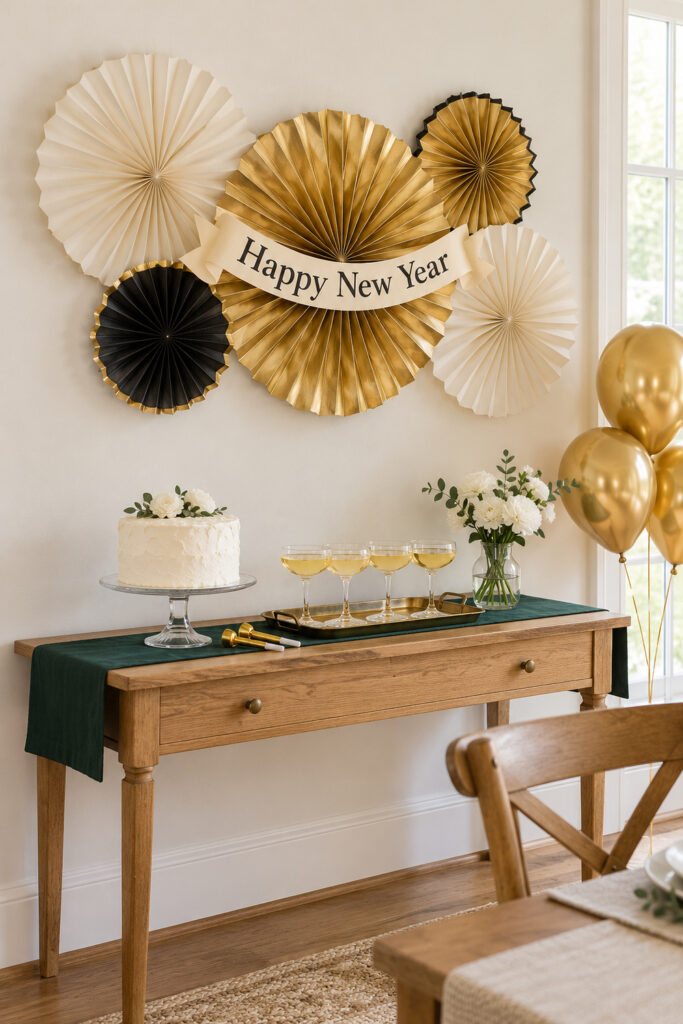 Gold ivory and black paper fans with a Happy New Year banner above cake and coupe glasses