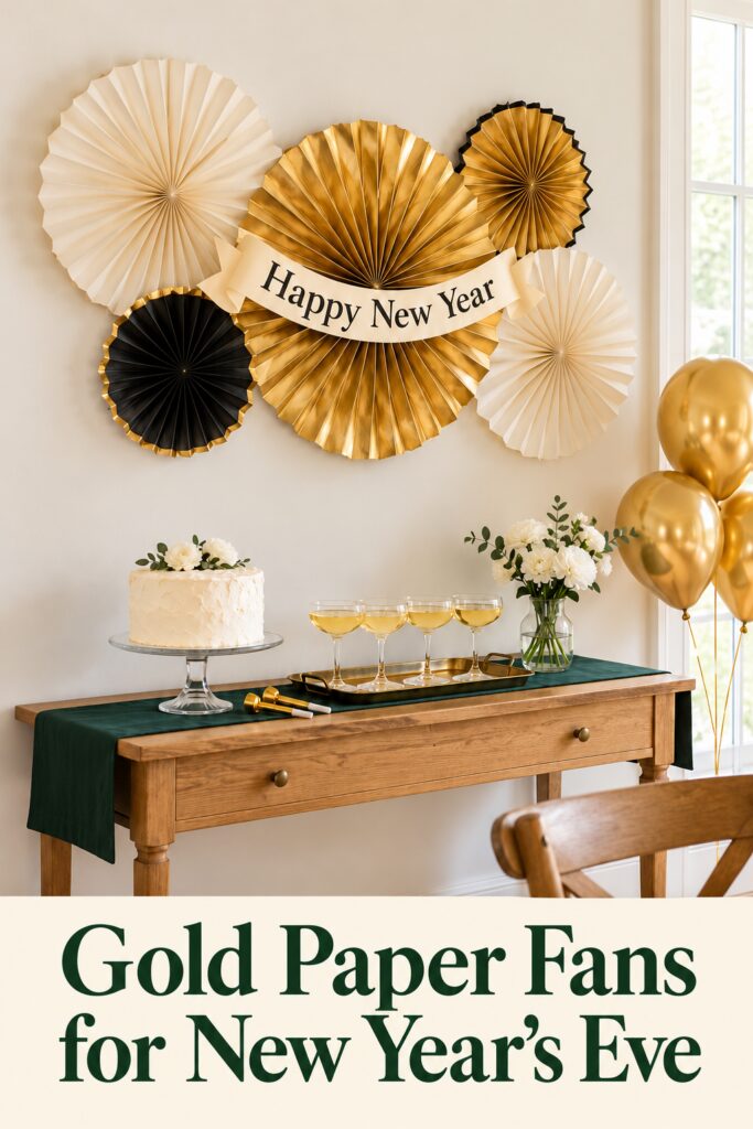 Gold paper fan dessert table above a cream panel reading Gold Paper Fans for New Years Eve
