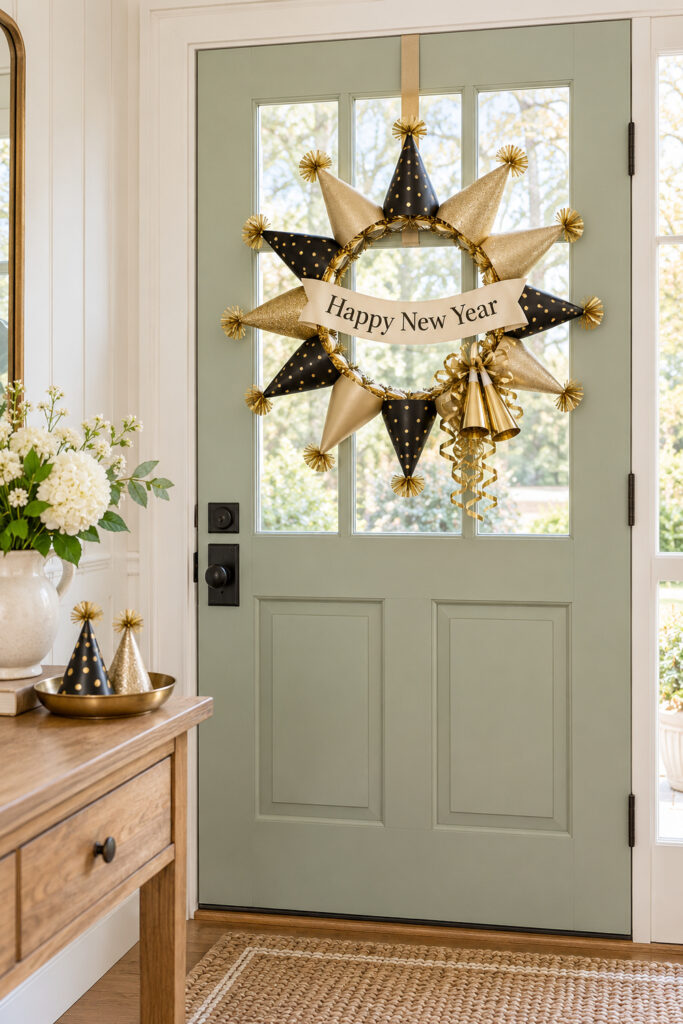 Black and gold party hat wreath with a Happy New Year banner and curled ribbons on a sage door