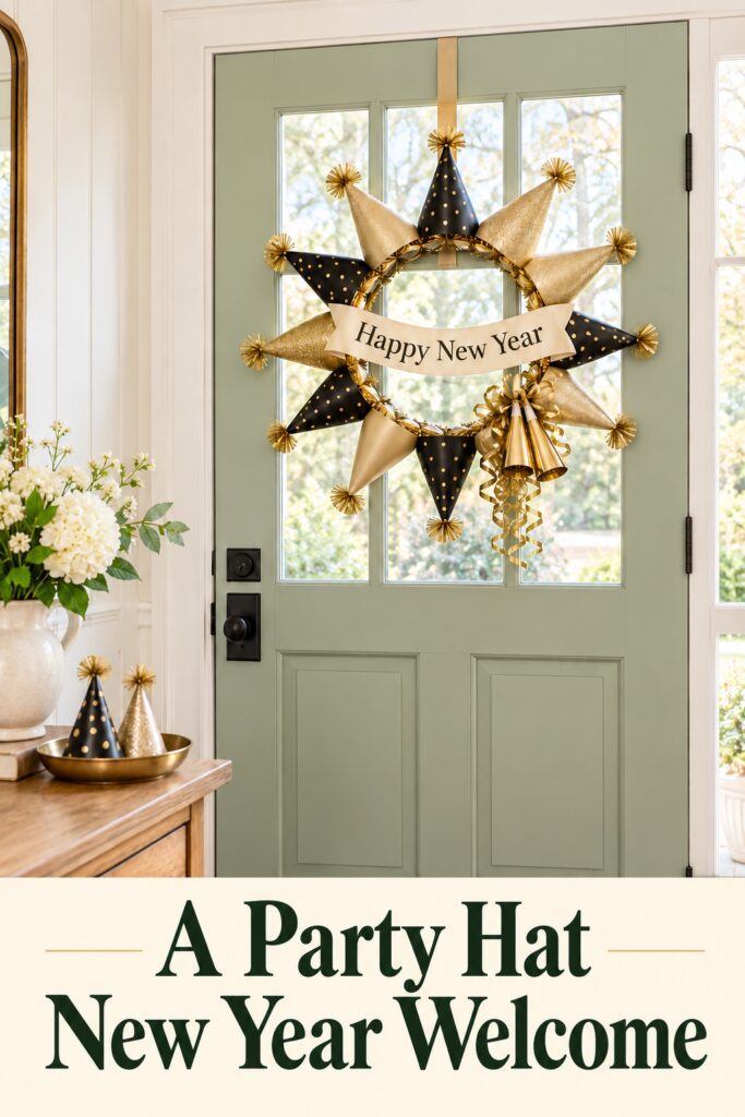 Party hat wreath above a cream panel reading A Party Hat New Year Welcome