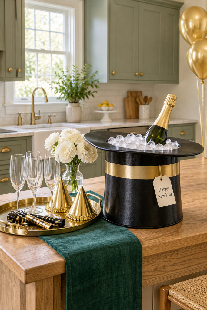 Black top hat ice bucket with gold band beside champagne flutes and white flowers on a kitchen island