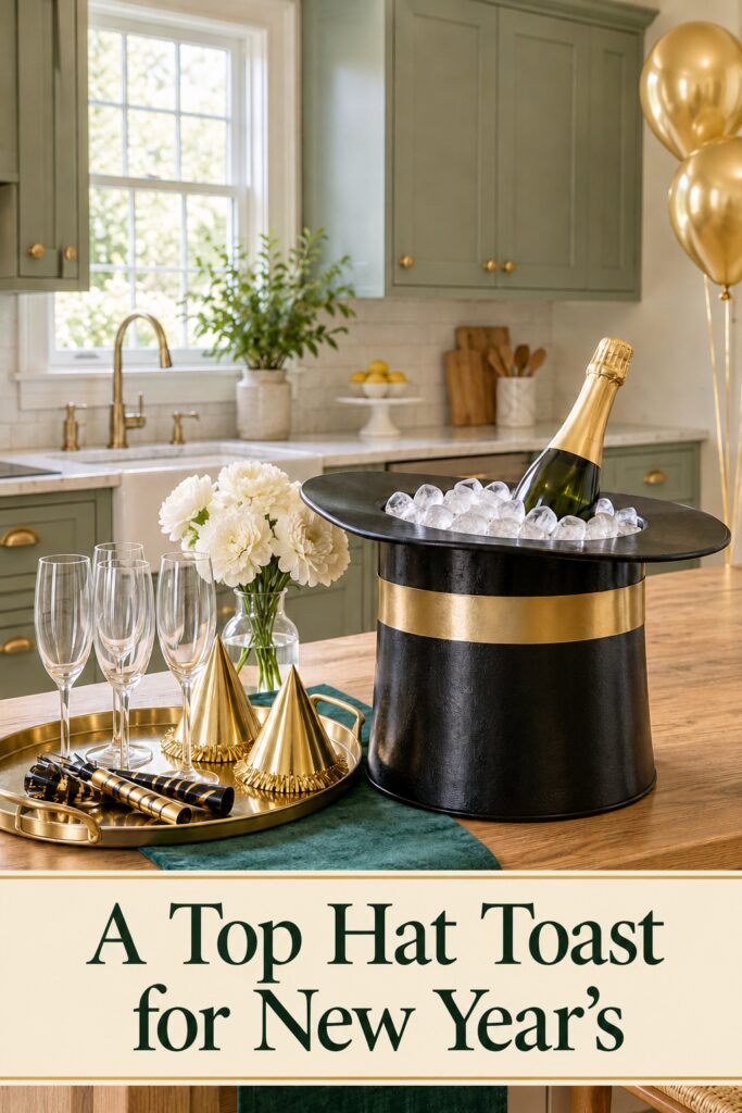 Top hat drinks station with green runner beneath the words A Top Hat Toast for New Years