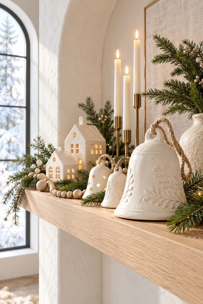 Cream ceramic bells and glowing houses with evergreen wood beads and brass taper holders on an oak shelf
