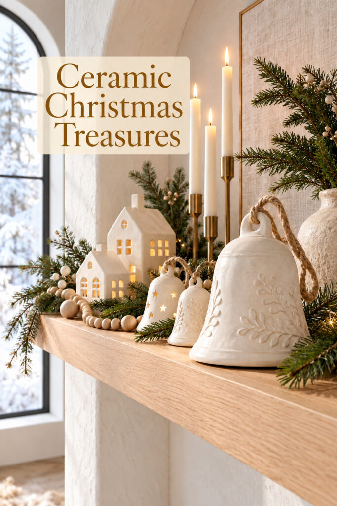Christmas shelf of ceramic bells houses and greenery with the words Ceramic Christmas Treasures