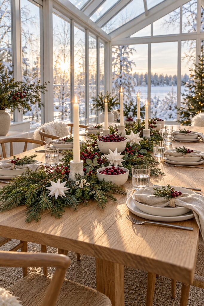 Christmas table with evergreen cranberry bowls white paper stars ivory tapers and linen napkins in a glass conservatory