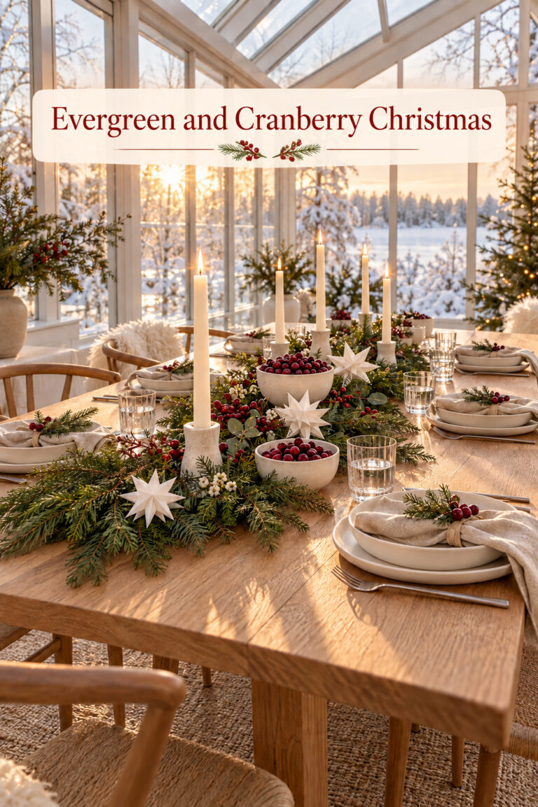 Evergreen and cranberry table centerpiece with white stars beneath the words Evergreen and Cranberry Christmas