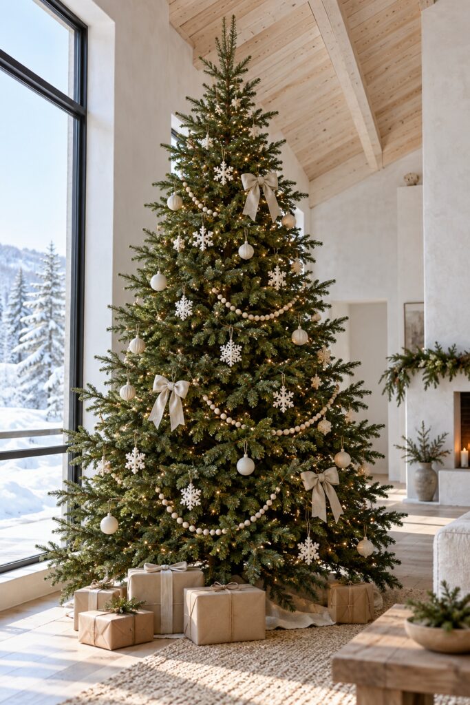 Green Christmas tree decorated with white snowflakes ivory ornaments pale beads and linen bows beside a snowy window