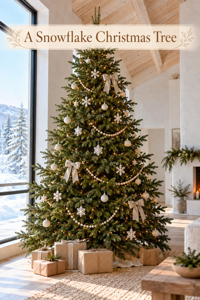 Snowflake decorated Christmas tree with linen bows beneath the words A Snowflake Christmas Tree