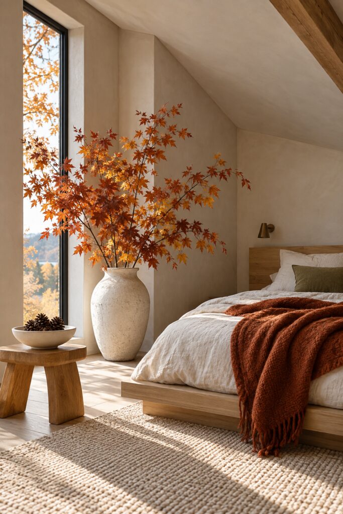 Copper maple branches in a cream floor vase beside an ivory bed with a rust throw and a bowl of pinecones