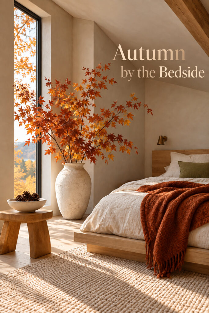 Autumn bedroom with maple branches and a rust blanket beside the words Autumn by the Bedside