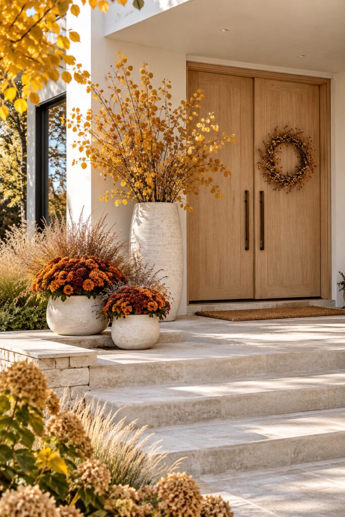 Tall cream planter of golden branches and two pots of rust mums beside wood double doors with a small wreath