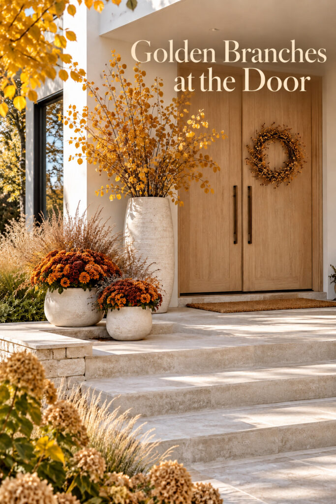 Fall porch with cream planters and golden foliage beneath the words Golden Branches at the Door
